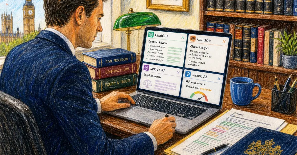 Pencil-crayon illustration of a UK solicitor at desk reviewing legal contract documents on laptop with multiple AI tool interfaces visible on screen, in a professional law office setting with papers and reference books in background
