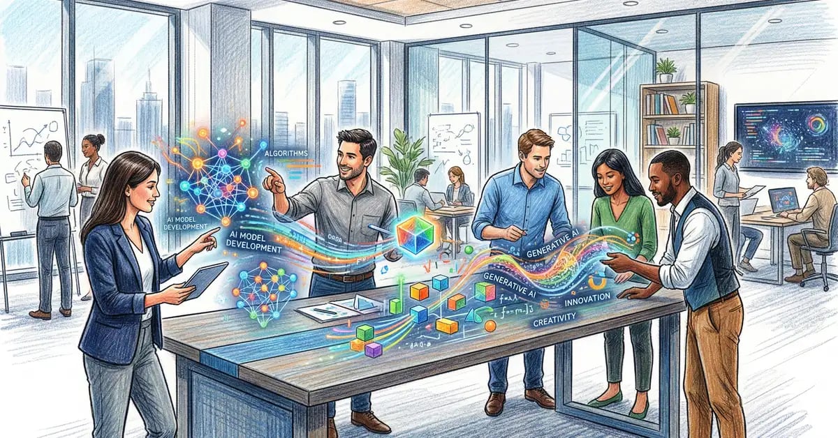 Generative AI development services - business professionals interacting with AI visualisations in a modern office
