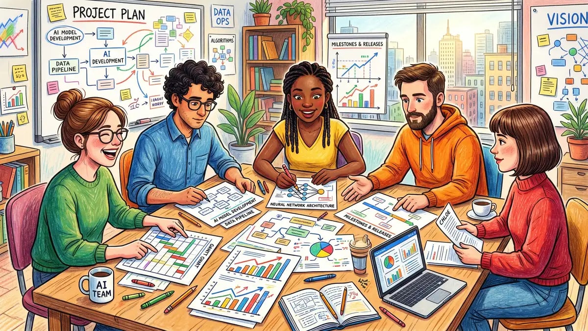 Team reviewing AI project planning documentation