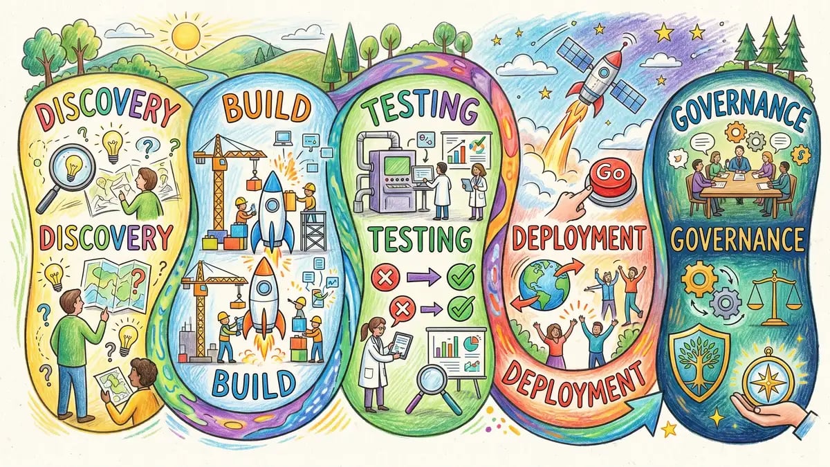 Project timeline with phases: discovery, build, testing, deployment, governance