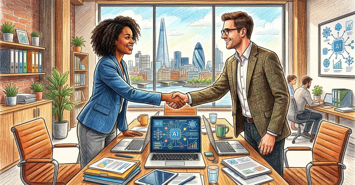 Two professionals evaluating an AI development partnership in a modern UK office setting