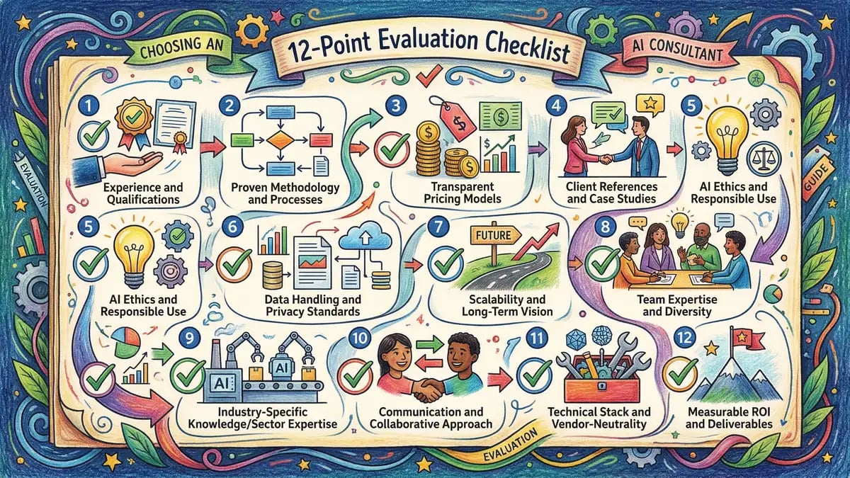 Infographic showing a twelve-point evaluation checklist for choosing an AI consultant with icons for each criterion