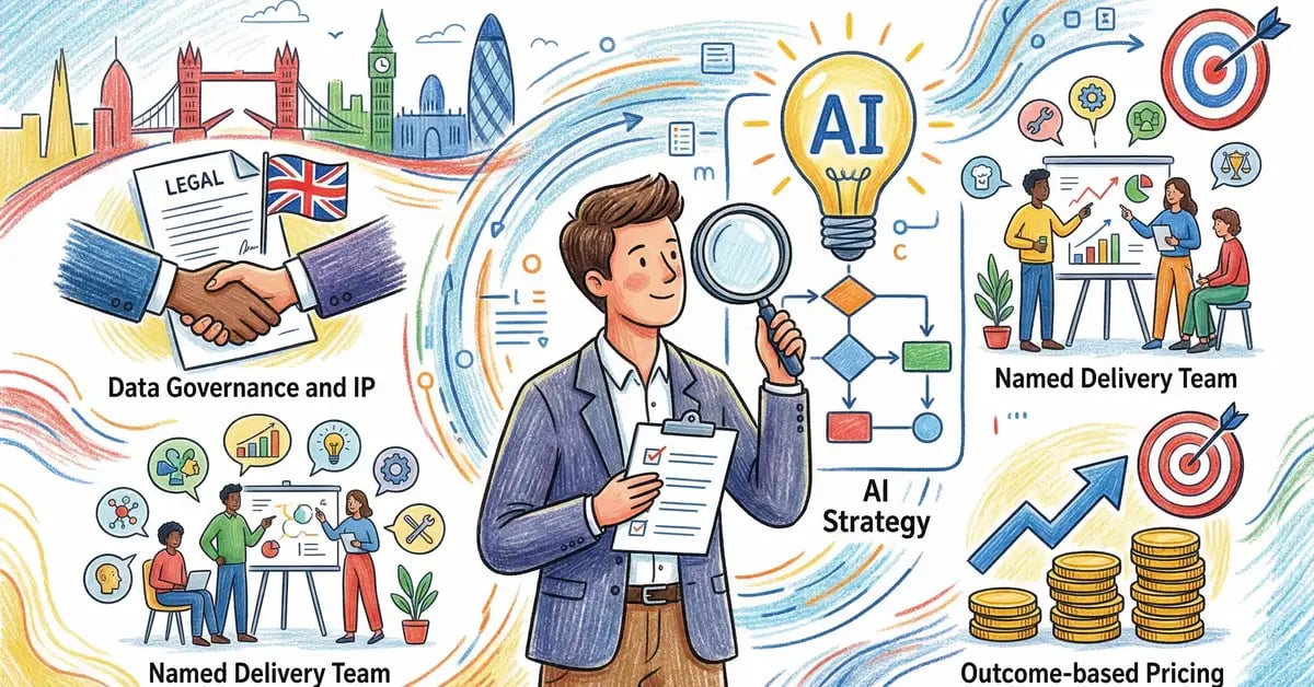 Colourful illustration of a business professional evaluating AI consultants using a checklist framework