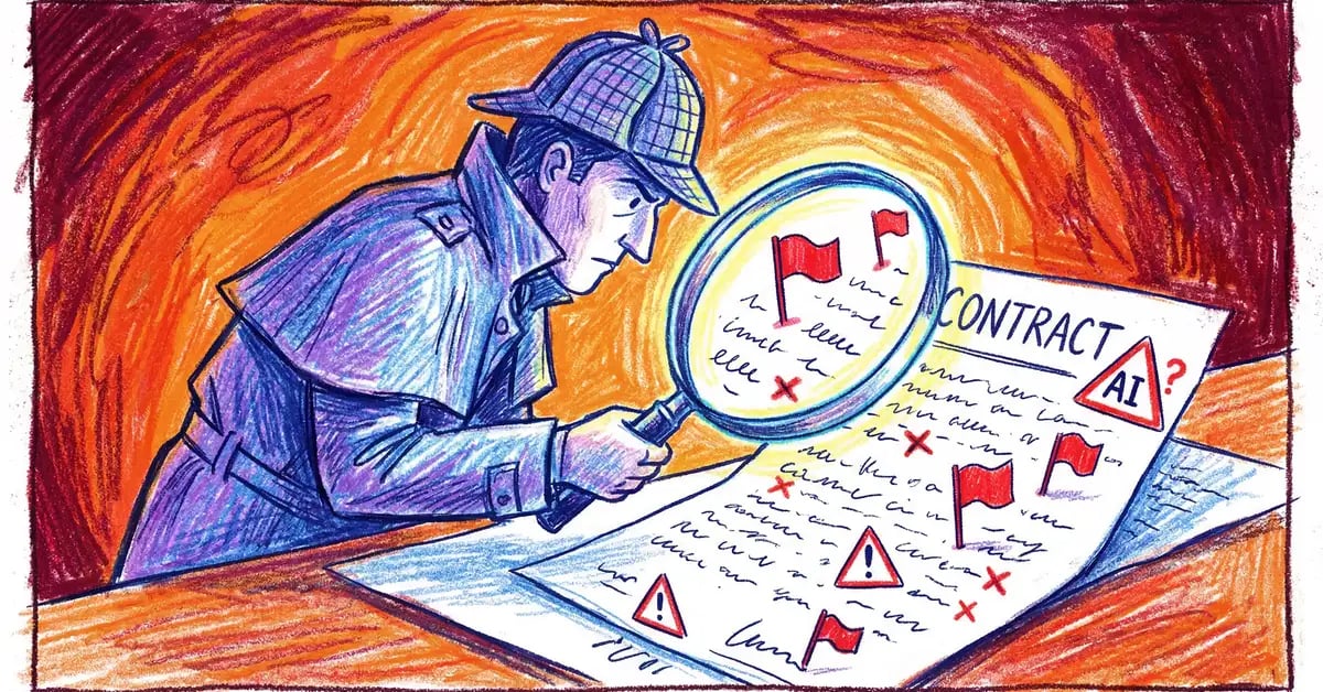 Illustration of a detective spotting red flags in an AI consulting contract