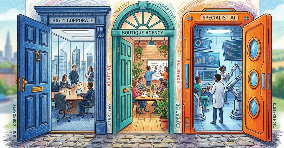 Illustration of three doors representing Big 4, boutique, and specialist AI consultancy types