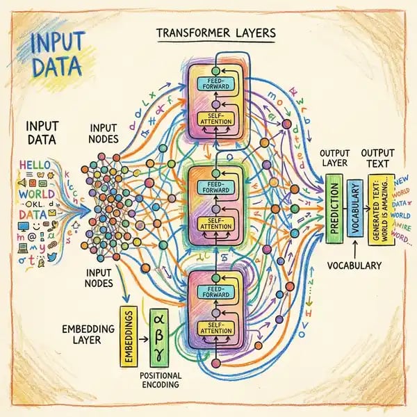 Neural network architecture diagram showing transformer layers simplified for business