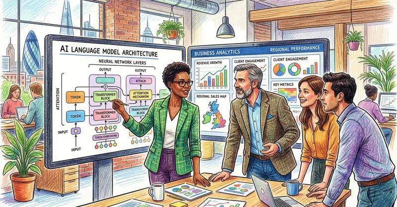 Pencil-crayon illustration of a business team exploring large language model concepts with data dashboards