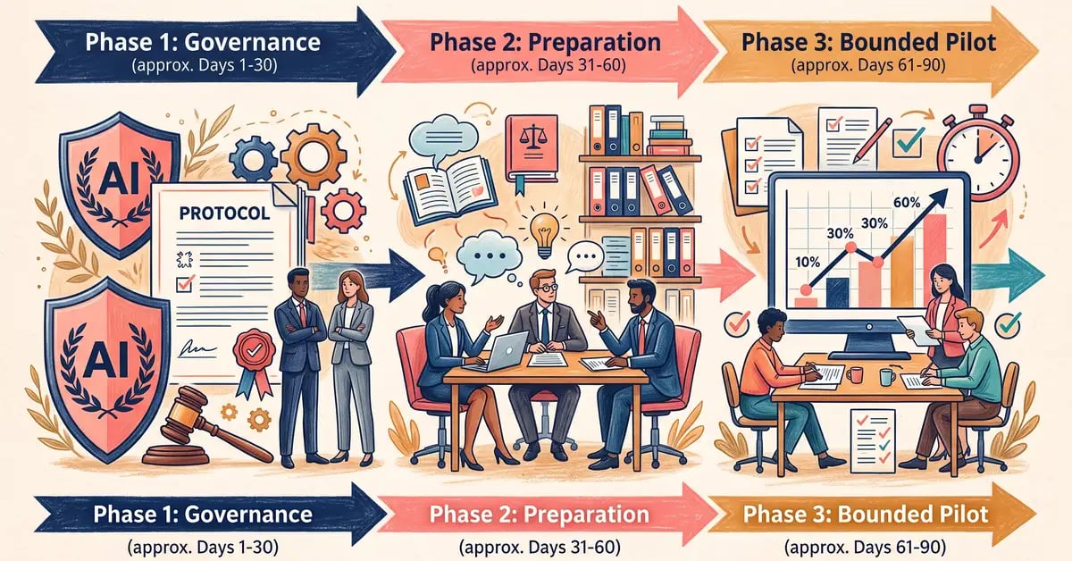 Ninety-day AI drafting rollout sequence for a law firm: governance, preparation and training, then a bounded pilot