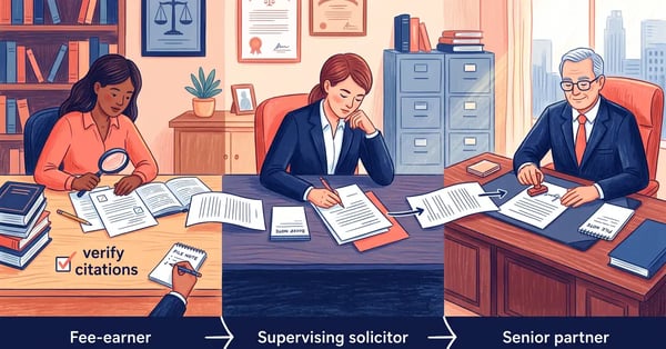 Law firm supervision chain for AI-assisted drafting, from fee-earner verification through to partner sign-off