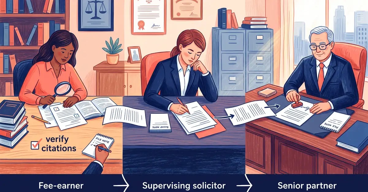 Law firm supervision chain for AI-assisted drafting showing review gates from fee-earner verification to partner sign-off
