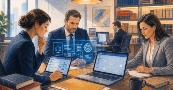 UK solicitors in a modern law firm reviewing AI legal-research results on screens