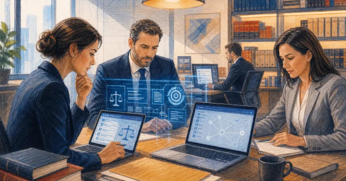 UK solicitors in a modern law firm reviewing AI legal-research results on screens