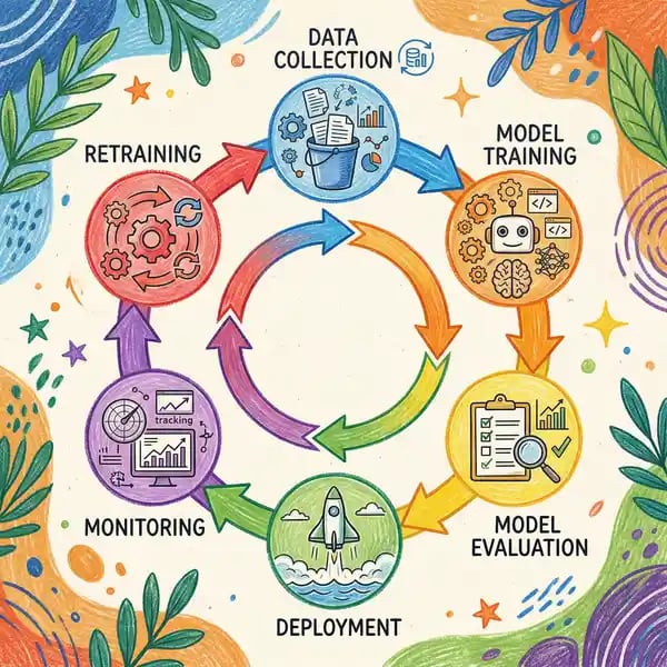 MLOps lifecycle showing continuous workflow of data collection, training, evaluation, deployment, and monitoring
