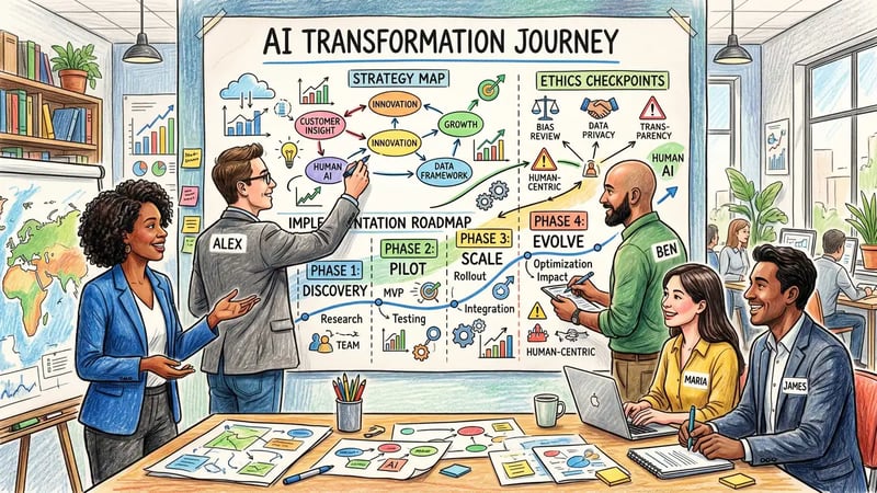 Business executives charting an AI transformation journey with strategy map, ethics checkpoints, and implementation roadmap