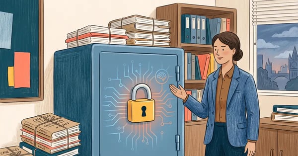 A UK law firm protecting confidential client data while using AI, with a secure vault and legal case files