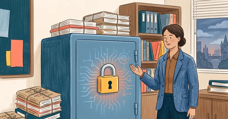 A UK law firm protecting confidential client data while using AI, with a secure vault and legal case files