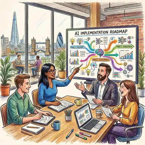 AI consultancy strategy session with business consultants reviewing implementation roadmaps on a large display