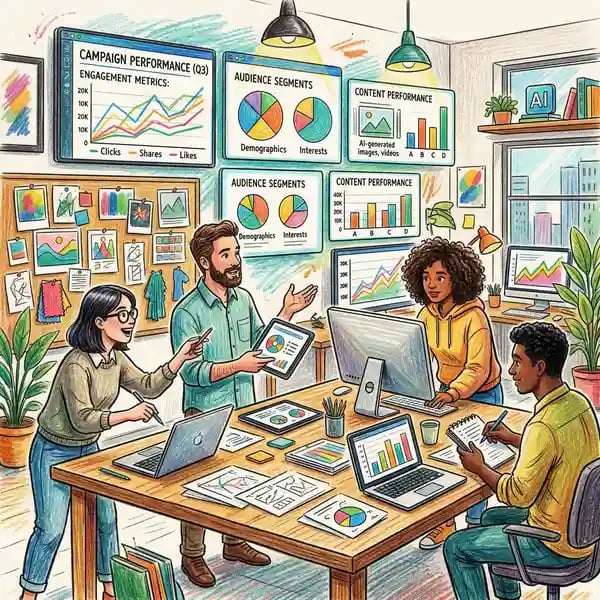 Marketing team analyzing AI-generated campaign performance data on multiple screens with engagement metrics