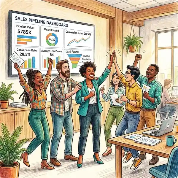 Sales team celebrating with AI-powered CRM dashboard showing pipeline analytics and lead scoring
