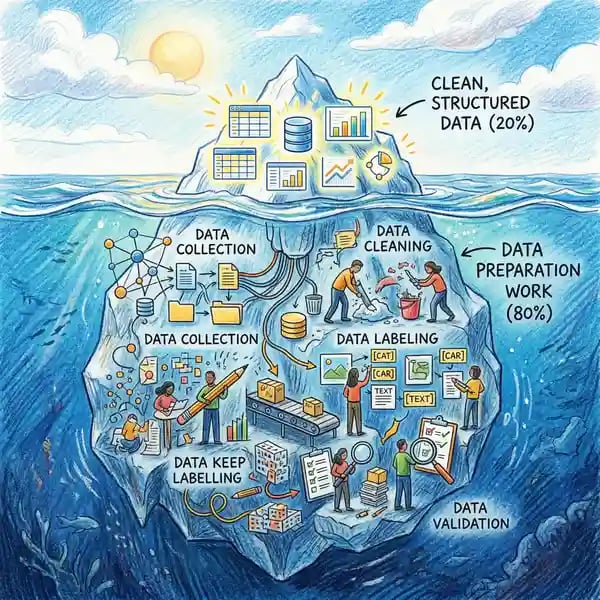 Data preparation iceberg showing visible 20 percent clean data above water and hidden 80 percent collection, cleaning, labelling, and validation work below