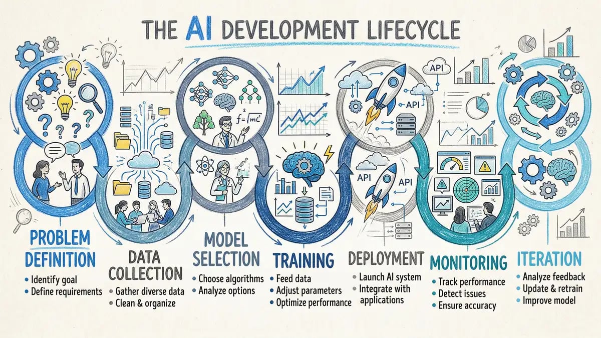 The AI development lifecycle shown as seven connected phases flowing from problem definition through data collection, model selection, training, deployment, monitoring, and iteration