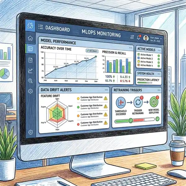 MLOps monitoring dashboard showing model performance metrics, data drift alerts, and retraining triggers