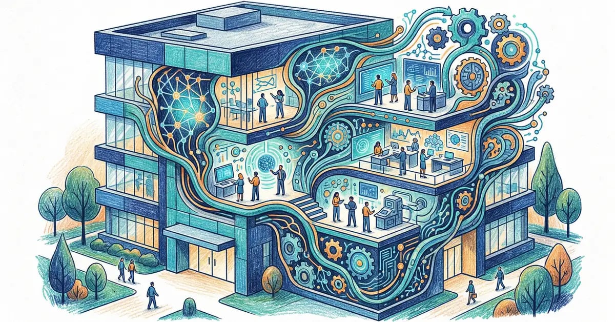 Mid-sized business building with custom AI solutions flowing through it, bespoke gears and neural network patterns fitted to specific business architecture