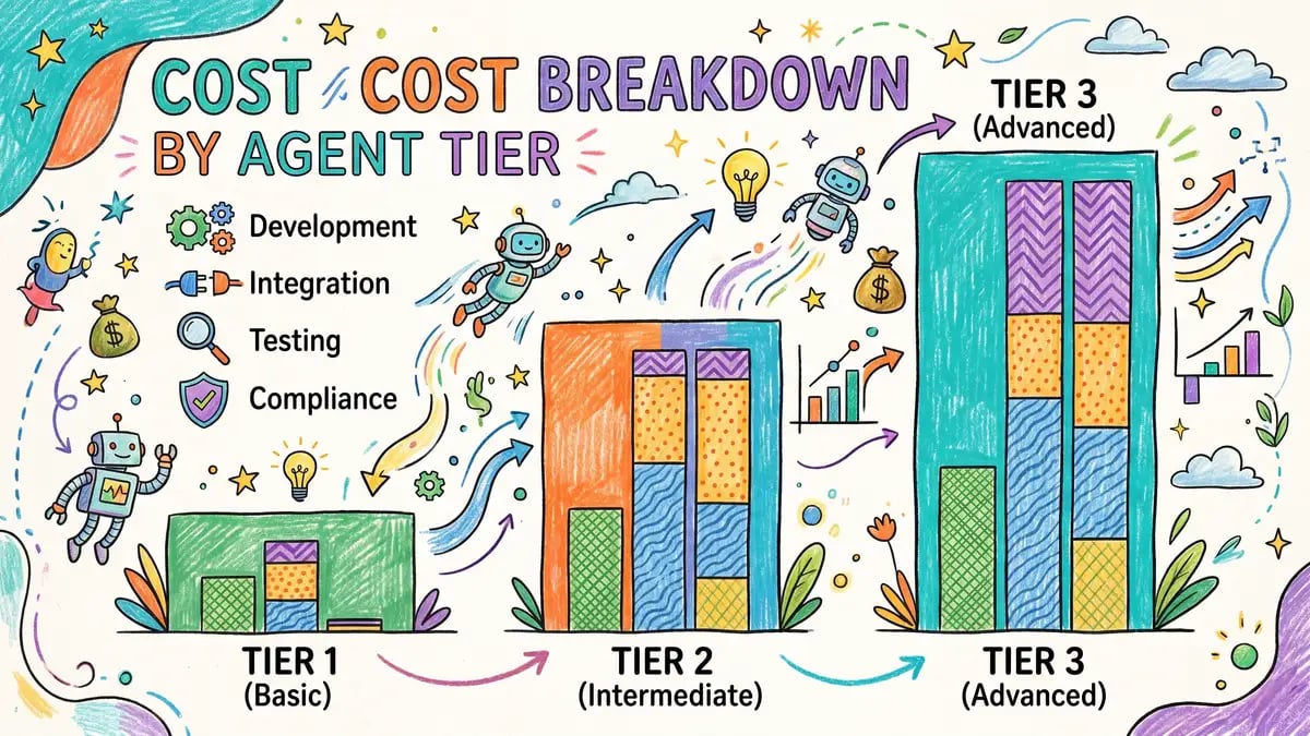 Cost breakdown chart showing integration, development, testing, and compliance costs across agent tiers