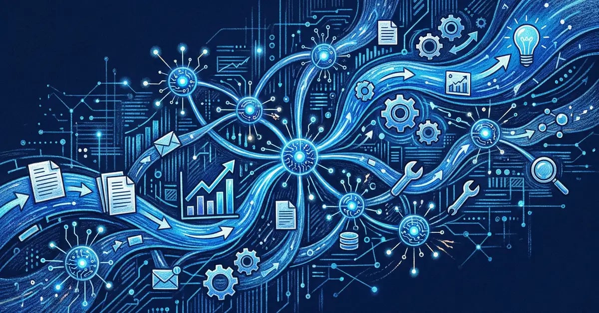 AI agent development guide showing interconnected autonomous agents processing business workflows