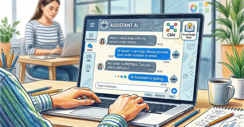 AI chatbot interface showing a conversation between a customer and an AI assistant with CRM and knowledge base integration icons