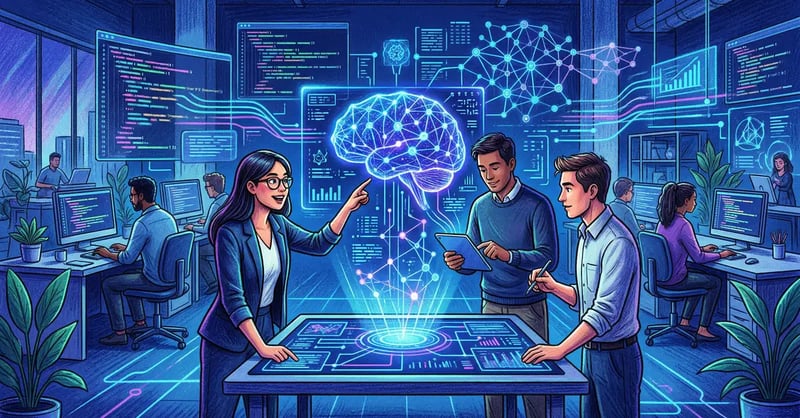 Modern software development environment with code screens merging with AI neural network visualisations