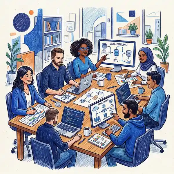 AI software development team composition showing key roles around a collaborative workspace