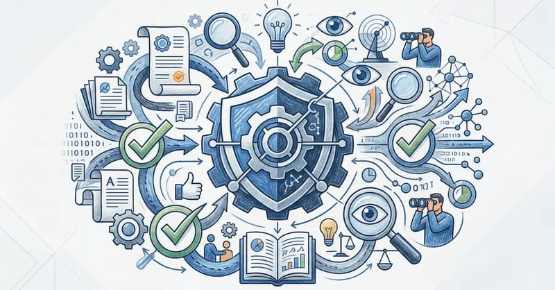 AI governance concept illustration showing oversight structures and policy frameworks
