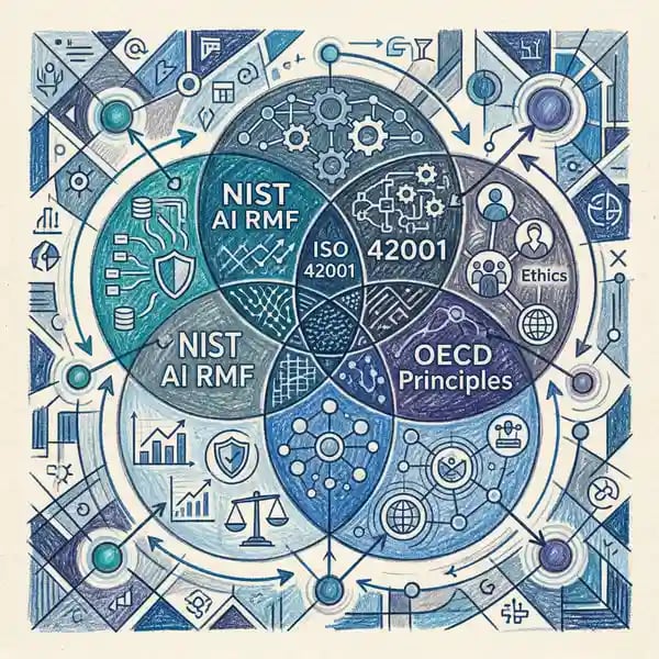 AI governance frameworks comparison showing ISO 42001, NIST AI RMF, and OECD principles