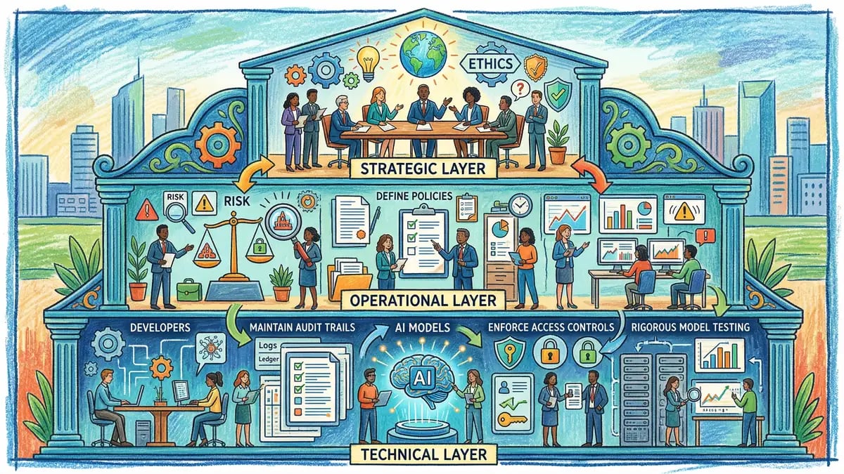 AI governance layers showing strategic, operational, and technical governance tiers