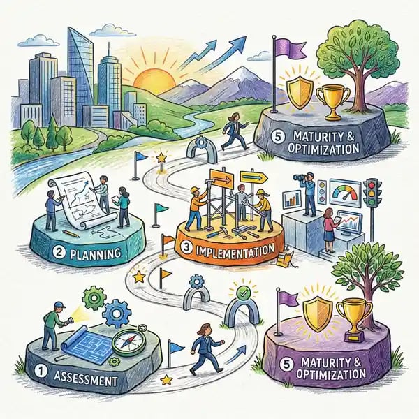 AI governance implementation roadmap showing five phases from assessment to maturity