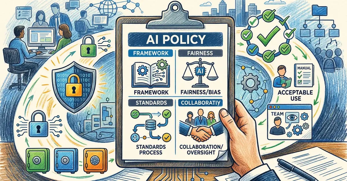 AI policy template document with compliance and data protection symbols