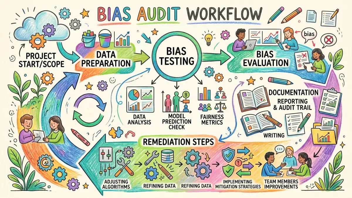 Bias audit workflow showing testing, documentation, and remediation steps