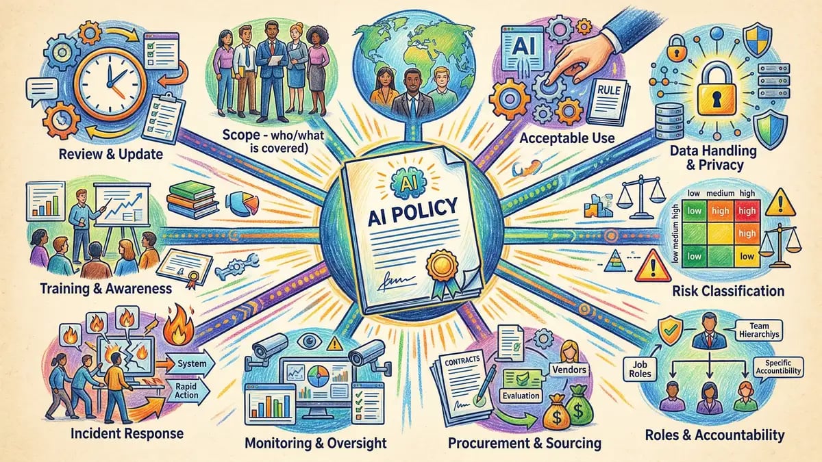 Key components of an AI policy showing ten interconnected sections