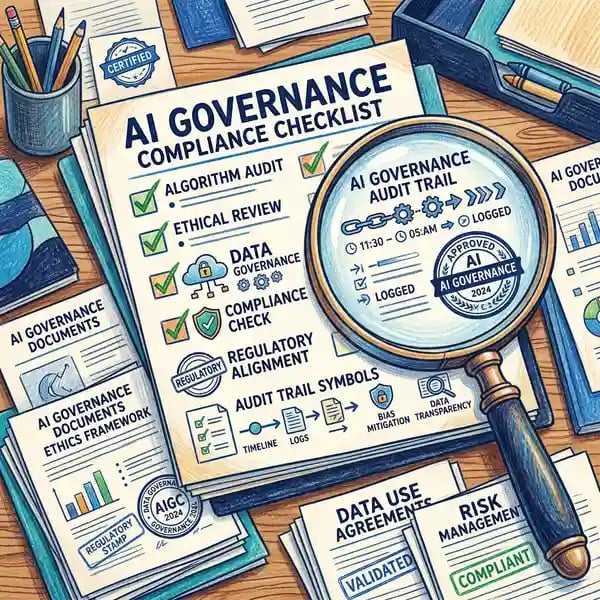 AI compliance checklist with regulatory stamps and audit trail symbols