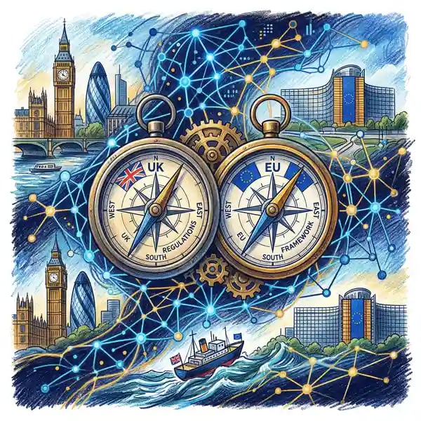 Dual compass representing UK and EU regulatory navigation for AI governance