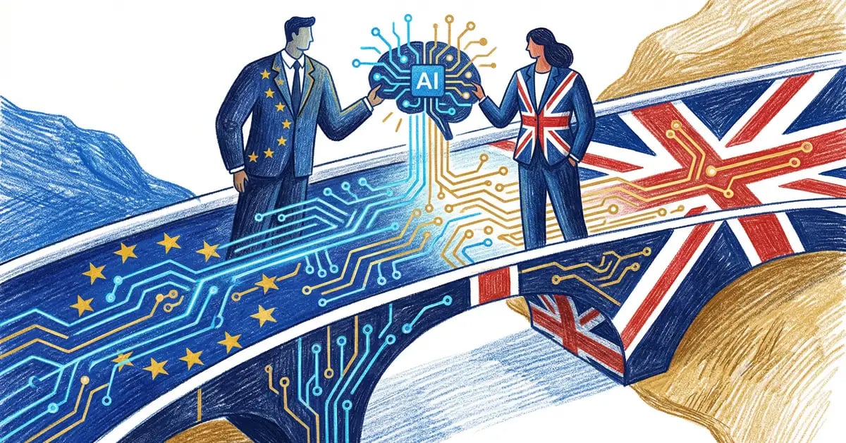 EU AI Act applying to UK businesses — conceptual bridge between EU and UK flags with AI patterns