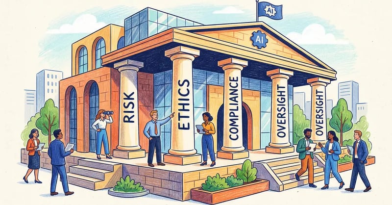 AI governance framework with pillars for risk, ethics, compliance, and oversight
