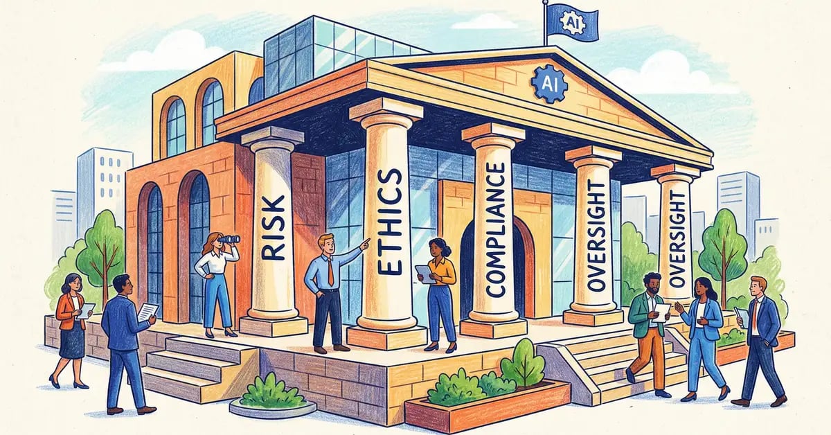 AI governance framework with pillars for risk, ethics, compliance, and oversight