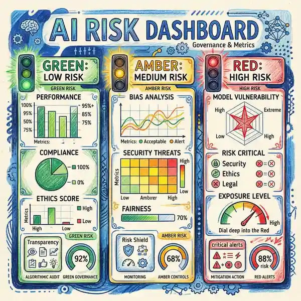 AI risk register dashboard with traffic light indicators for governance metrics
