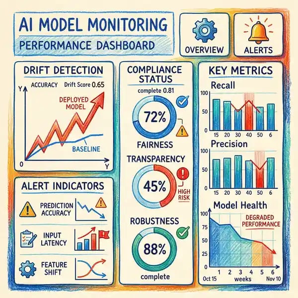 AI model monitoring dashboard with drift detection and compliance indicators