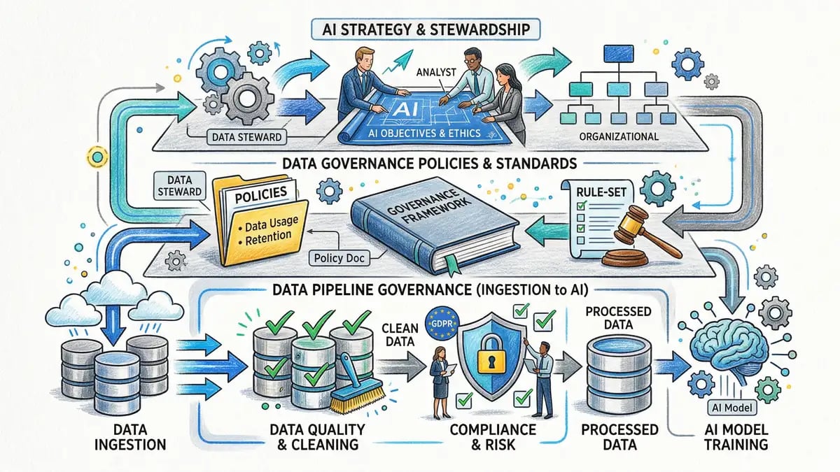 AI data governance quality framework showing interconnected data pipeline elements
