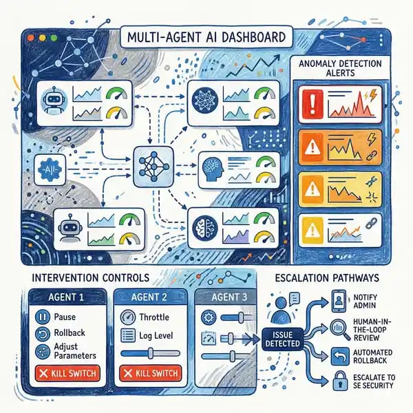 Multi-agent AI monitoring dashboard with intervention controls