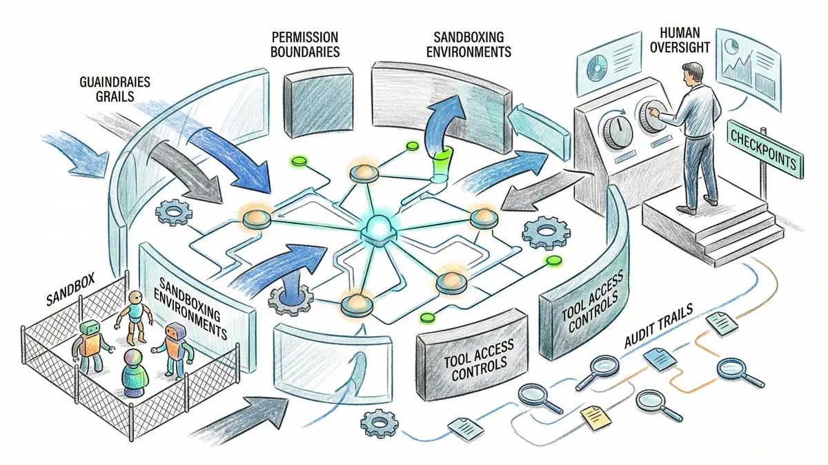 Agentic AI governance framework showing autonomous agents with guardrails and oversight