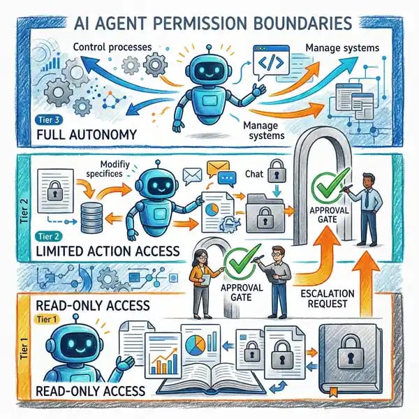 AI agent permission boundary tiers from read-only to full autonomy
